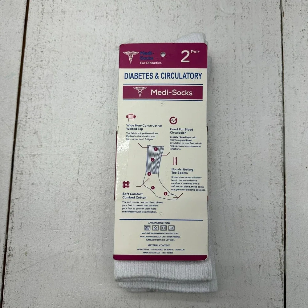 Two Pair White Medi-Socks Diabetes & Circulatory Unisex Crew Sock Size 9-11 NEW